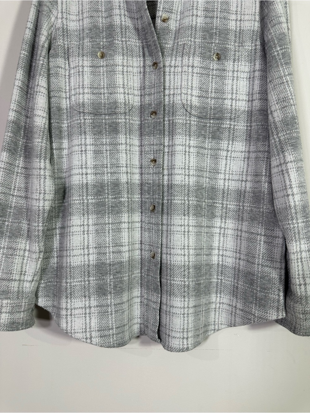 Faherty Gray Plaid Flannel Button Down Top Shacket - Picture 3 of 8